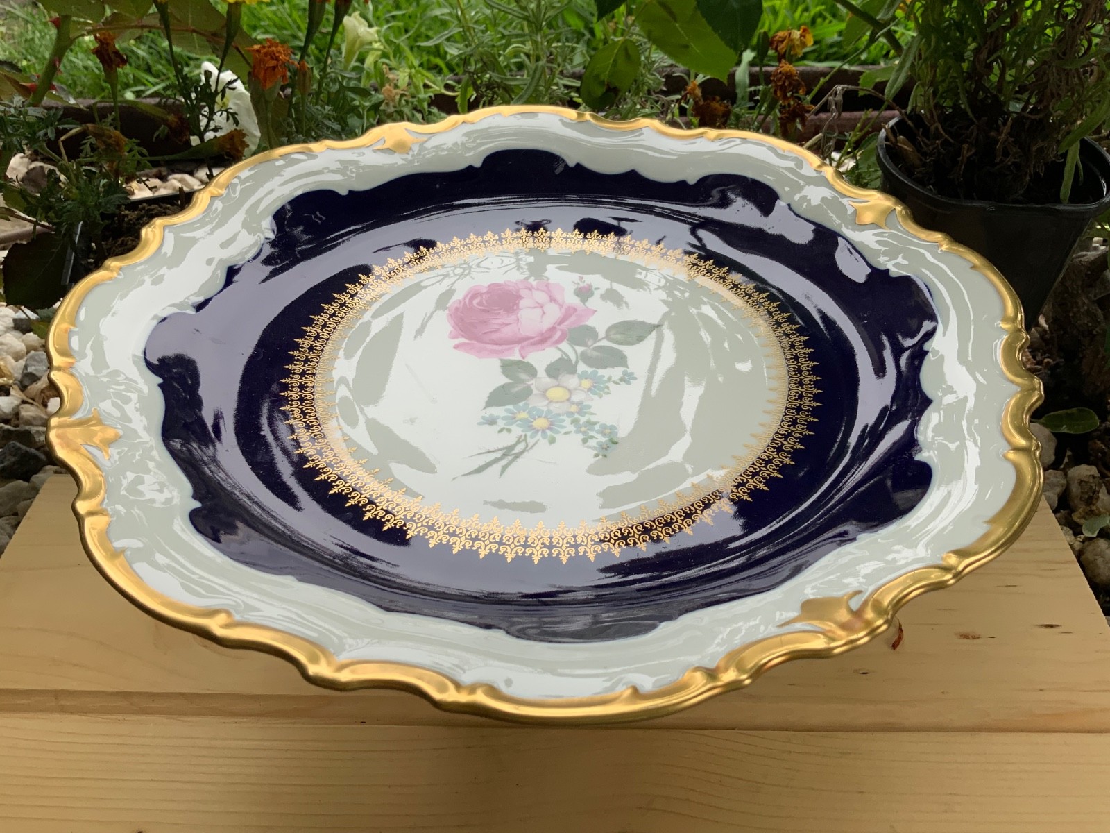 Vintage Reichenbach Echt Kobalt Cobalt Blue Footed Cake Plate Tray AS IS