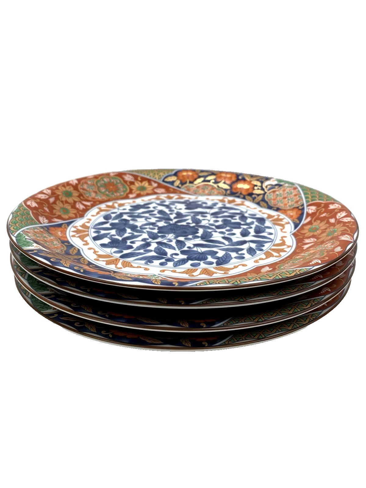 GUMPS KARAKUSA SET 4 DINNER PLATE 10.25″IMARI RUST BLUE GREEN FLORAL SMOOTH EDGE