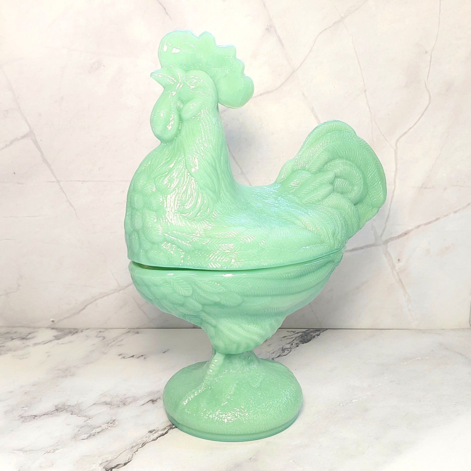Green Jadeite Depression Style Glass Rooster Chicken Candy Dish, Hen on Nest