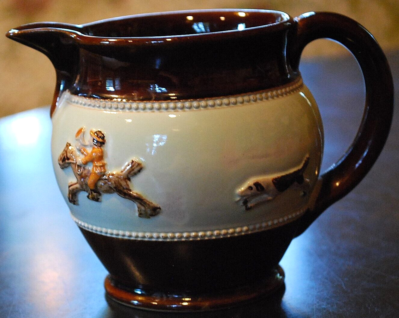 Vtg 1930’S BOURNE DENBY DERBY POTTERY FOX HUNT Creamer/Pitcher England 4″ Glazed