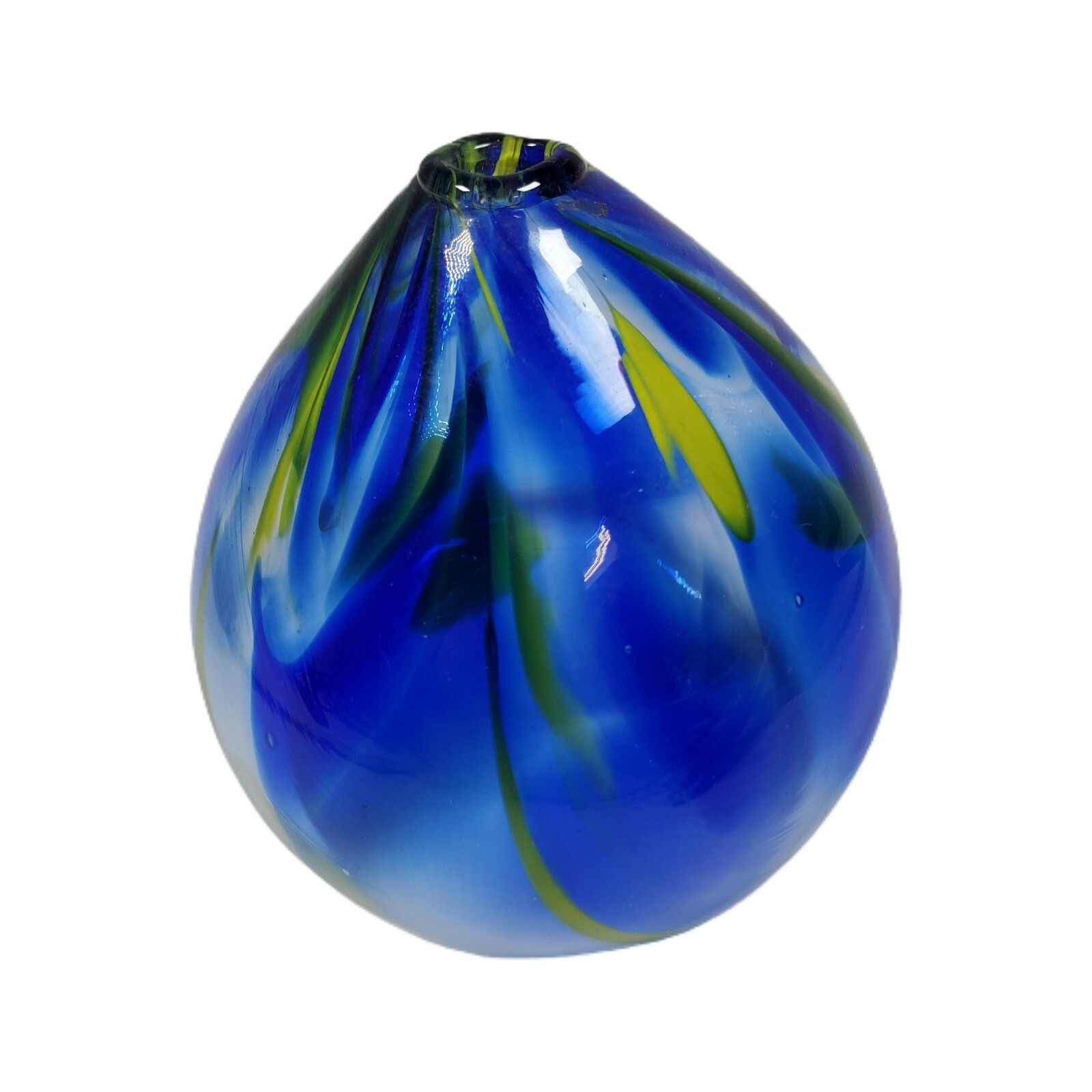 Hand Blown Stretch Art Glass Yellow Cobalt Blue Bud Vase Clear Rainbow Swirl