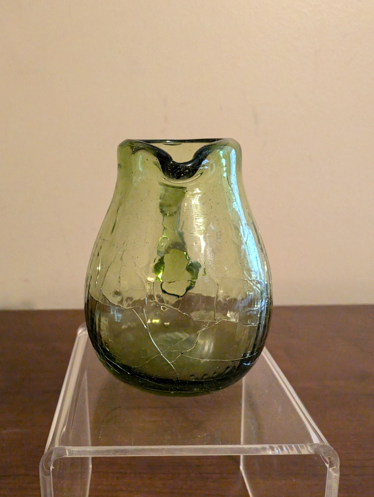 BLENKO Hand-Blown Crackle Glass Olive Green Mini Pitcher w Handle & Sharp Pontil