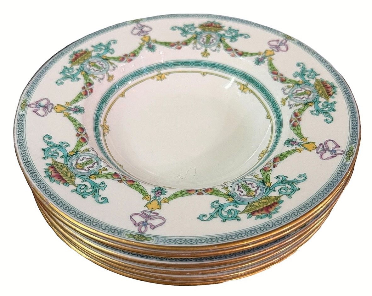 MINTON PORCELAIN H3050 PATTERN FRUIT AND LEAF RIMMED SOUP BOWLS SET OF 6 RARE