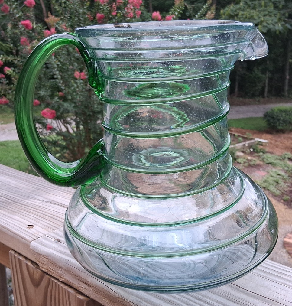 9″ Mexican Hand Blown Art Glass Pitcher Applied Green Threading & Handle Lg Base