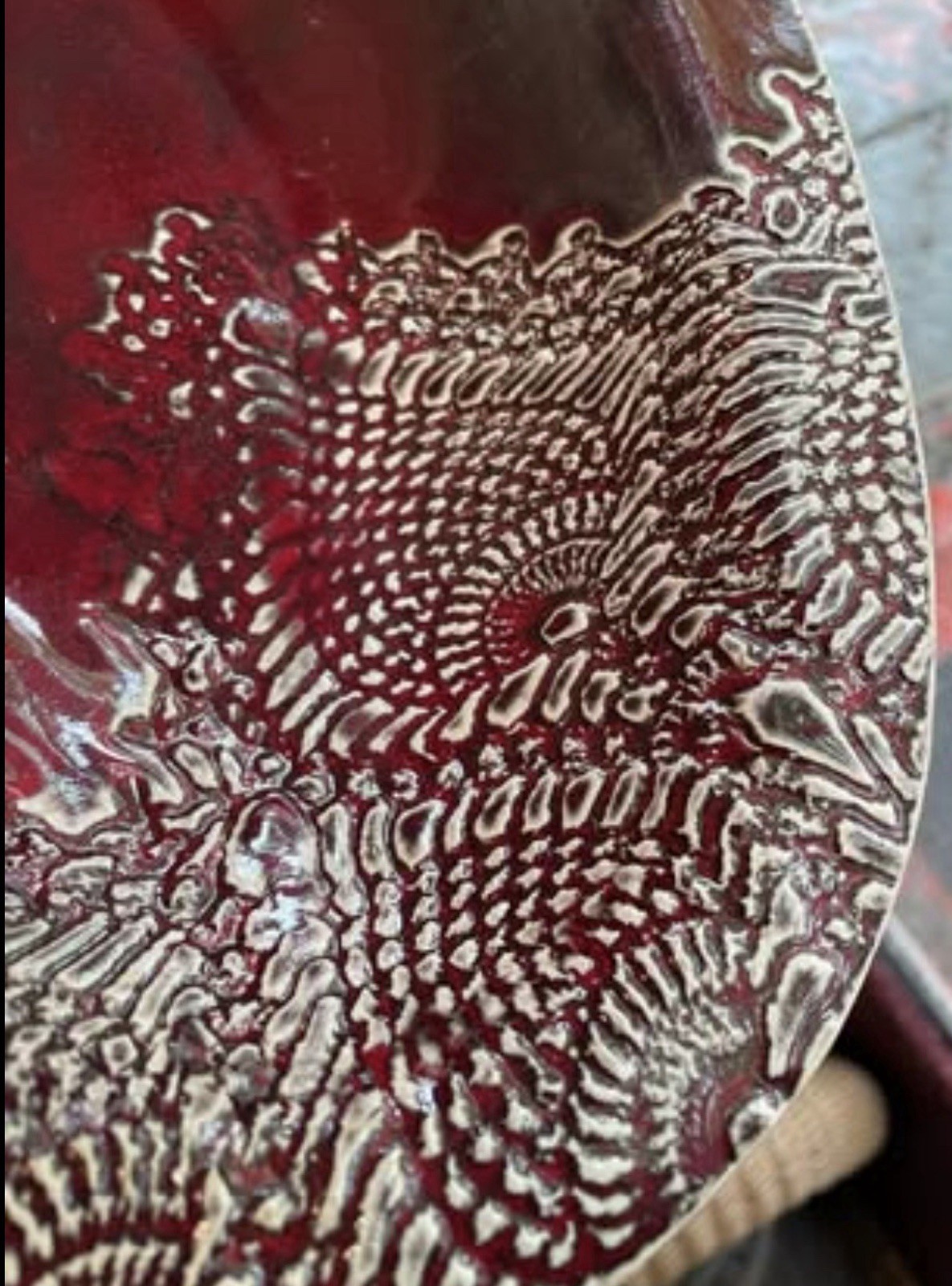 Handmade Original Bantam Tileworks Studio Art Pottery 12″ Lace Red Bowl