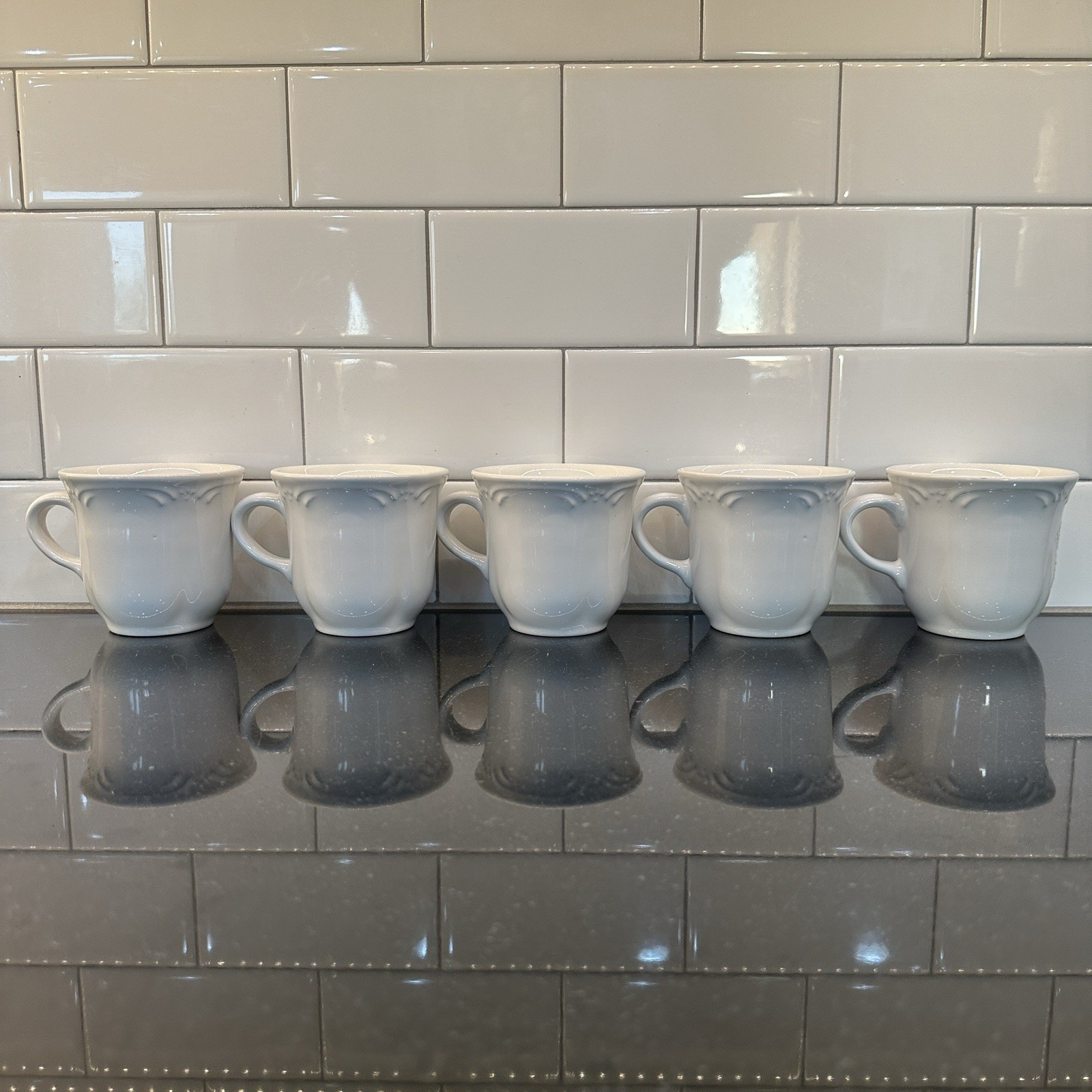PFALTZGRAFF FILIGREE Pattern Coffee Cups (x5) Matched Set VGC White Tea Mugs