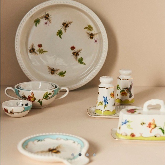 Anthropologie Nathalie Lete Salt and Pepper Shaker Set with Tray Floral Bird Bee