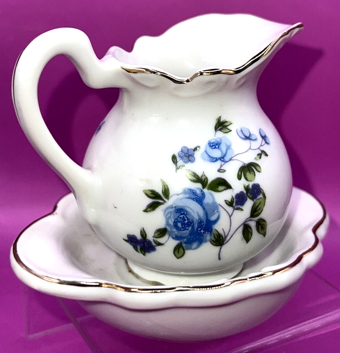 Vintage Rice Japan Ports Blue Rose Design Creamer with Drip Plate Kitchen Decor