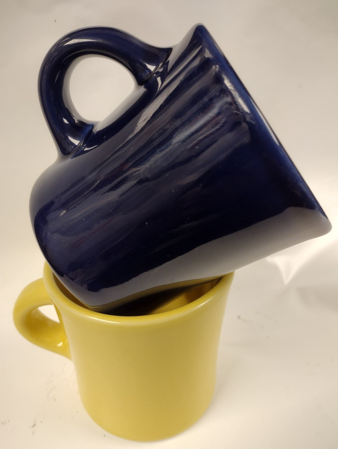 Pair of Homer Laughlin Yellow & Cobalt Blue Vintage Diner 10Oz Coffee Mugs USA
