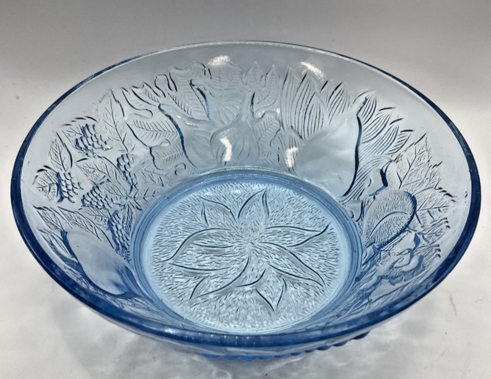 Glass Serving Bowl Ice Blue KIG Indonesia VTG 8.5″ Flower Fruit Apple Pear Grape