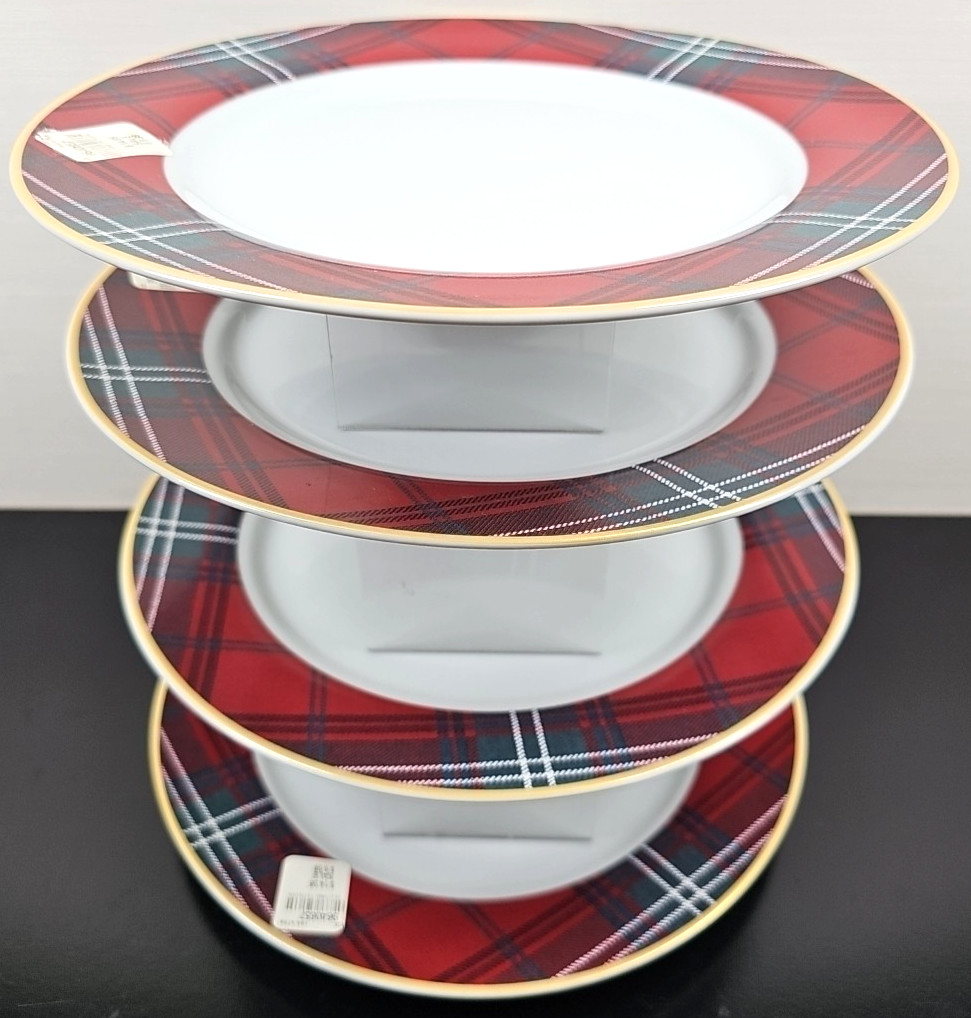 4) Williams Sonoma Gold Banded Tartan Dinner Plates Set Plaid Serving Dishes Lot