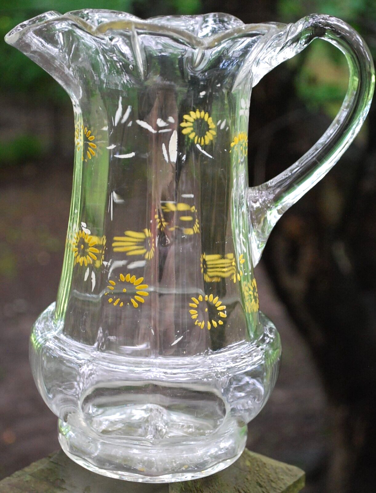 Antique Victorian PITCHER Clear Optic Glass FLORAL ENAMELED DAISIES Petal Rim