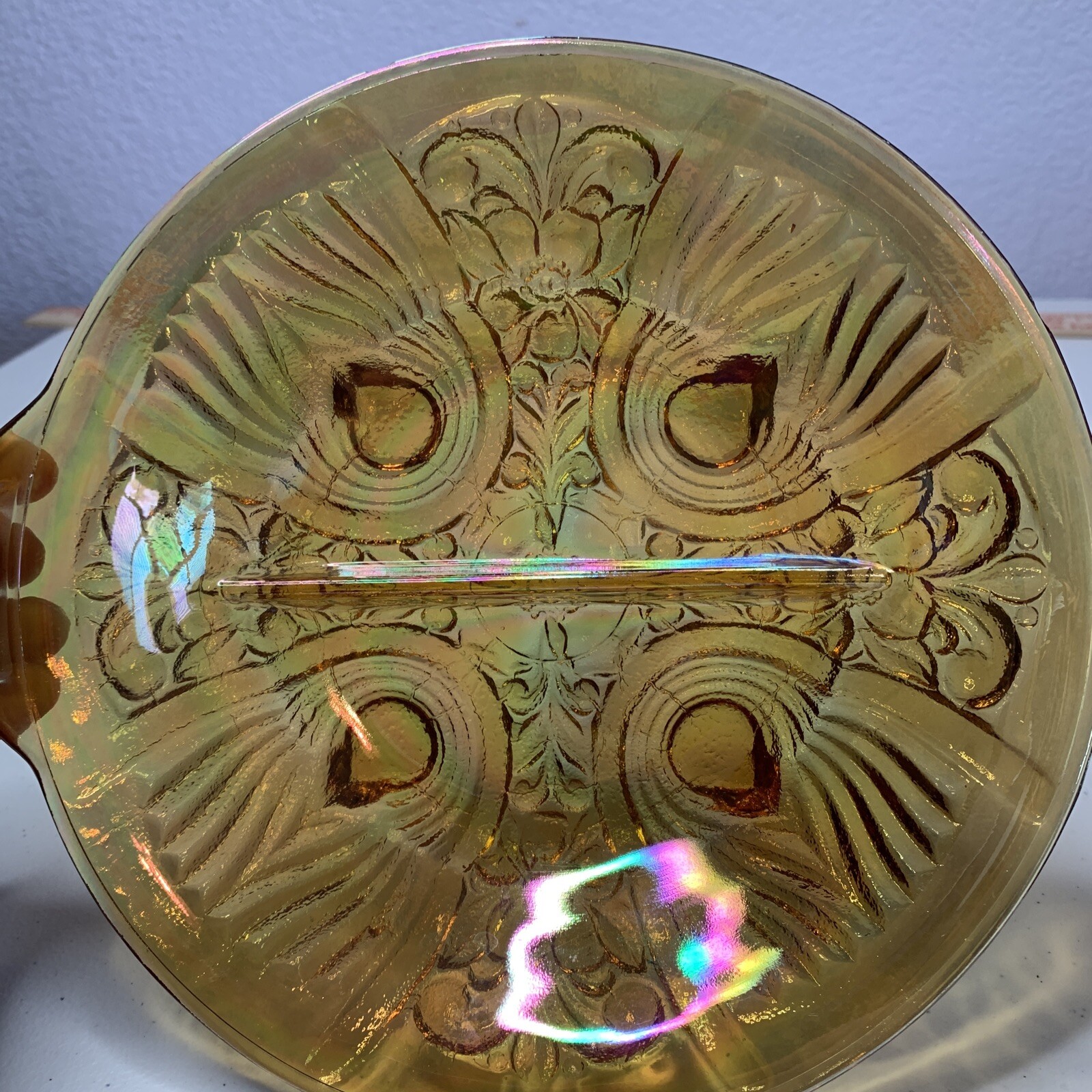 Vintage Indiana Carnival Glass Candy Dish 7.5″ Amber Iridescent Divided