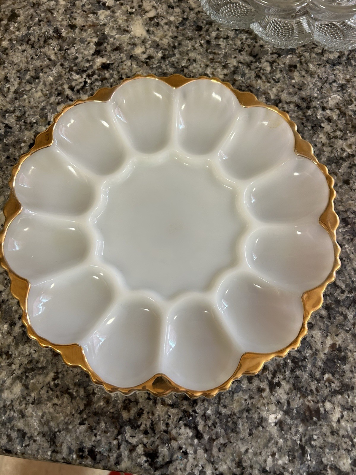 VTG 1950-1959 MCM Anchor Hocking Milk Glass Deviled Egg Plate W/Gold Rim