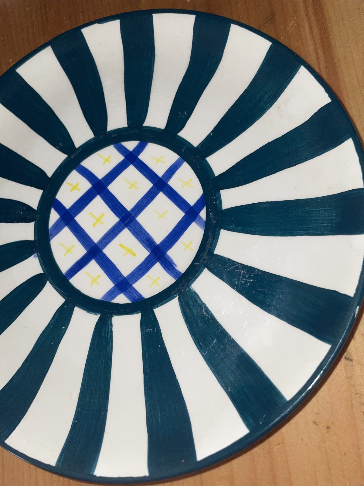 CBK Ltd LLC 1997 Striped Plate Green White Blue Yellow Geometric Hand Painted Sm