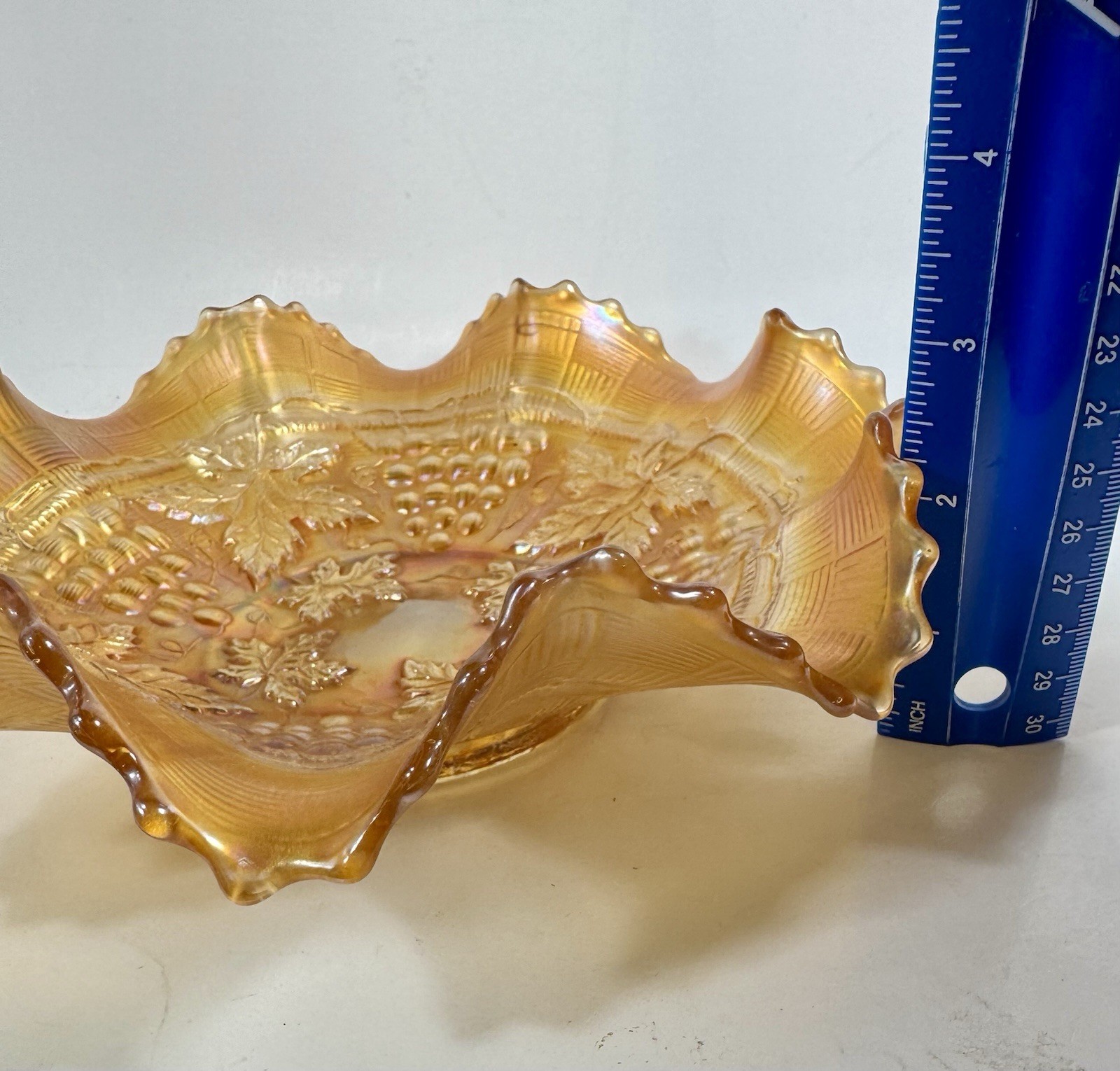 Northwood Bowl Carnival Glass Marigold Grape & Cable Ruffled Vintage 8.5”