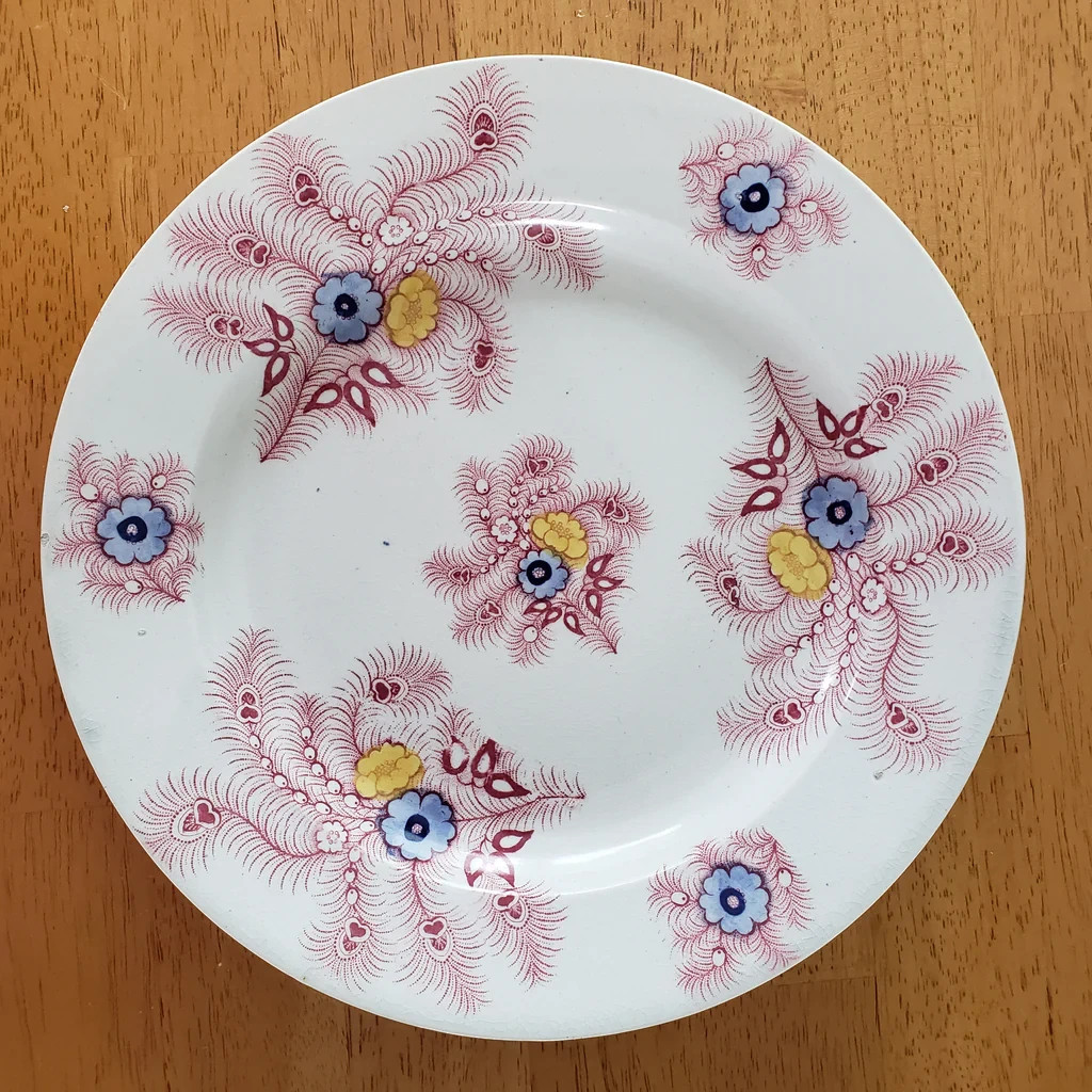 Antique Pink Feather Transferware Polychrome Plates 9” Set of 2 Wood & Challinor