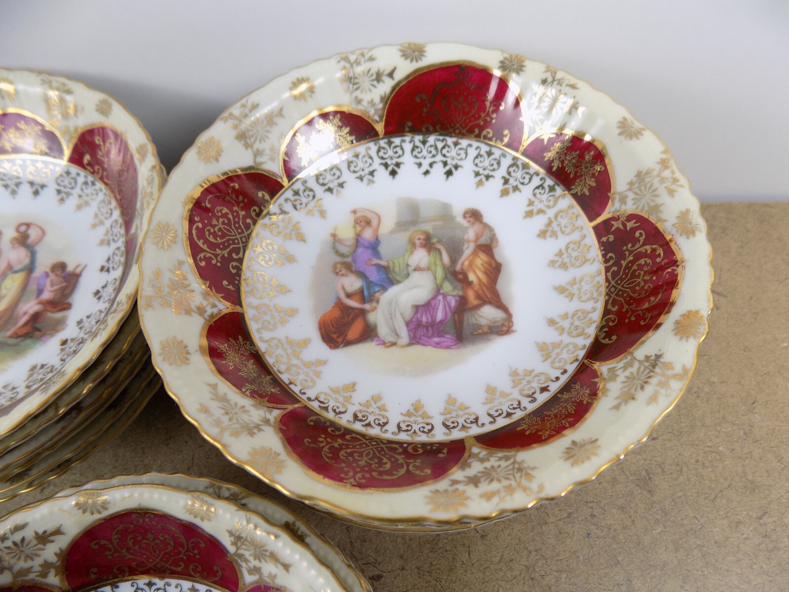 Antique Victoria Austria Porcelain Dessert Bowls Neoclassical Red Gold