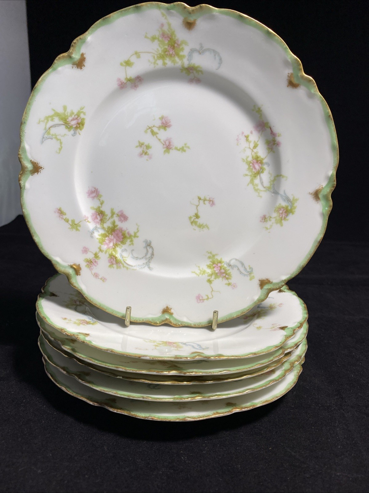 Haviland Schleiger 57H 6 Bread Plates 6 1/8″ Limoges Pink Roses Blue Ribbons @2