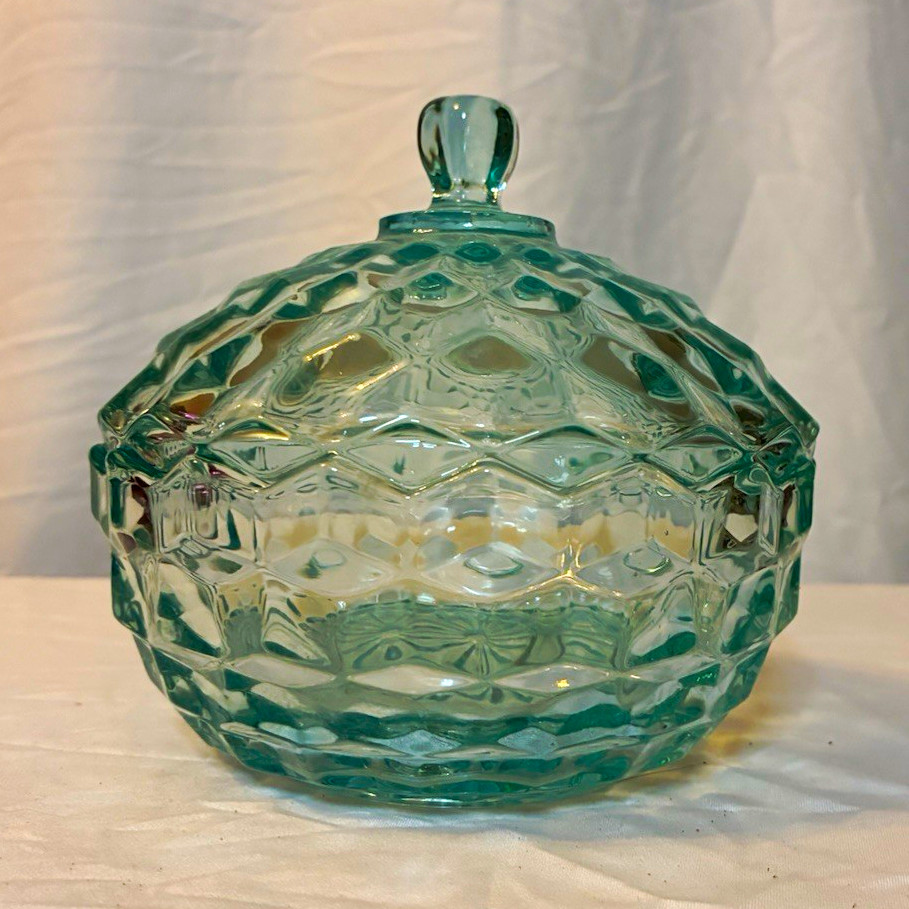Vintage Indiana Glass Whitehall Colony Aqua Green Candy Dish with Lid