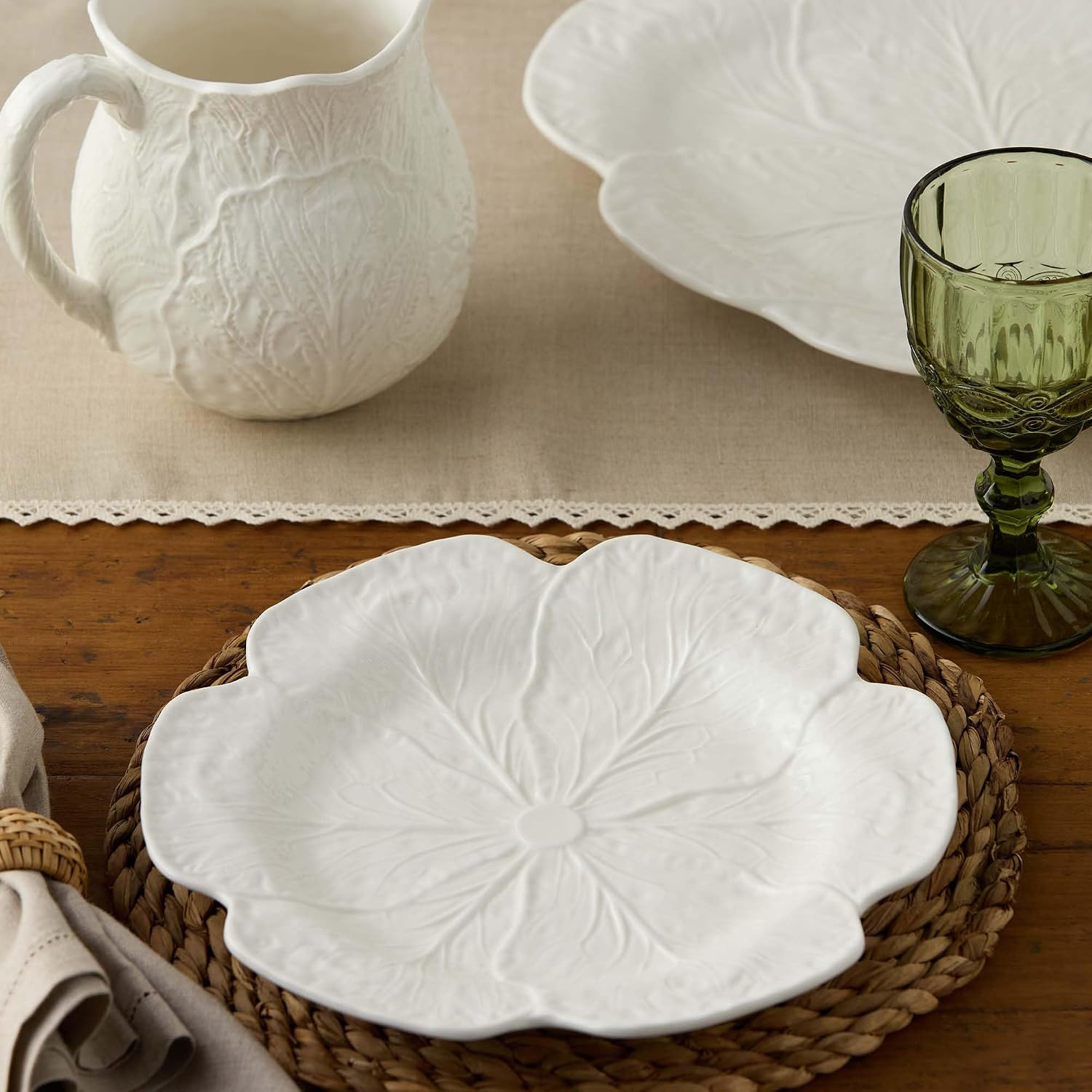 White Cabbage 3-D 11″DINNER PLATES, SETOF 4 – Sculpted Ivory Stoneware Leaf
