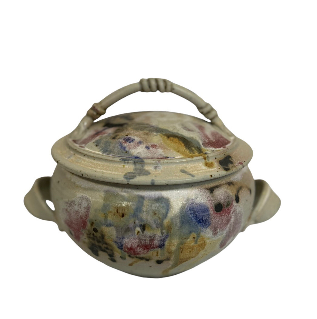 Medium Hayes Art Pottery Bean Pot W/Lid Tan, Red, Blue Drip Color~ Signed