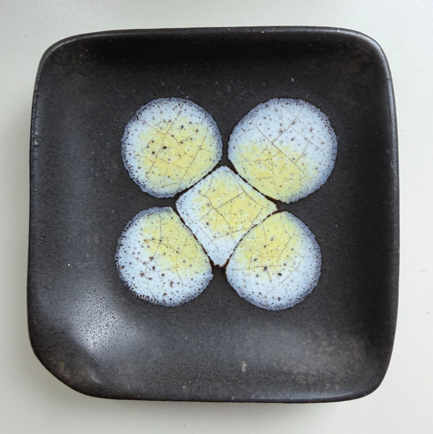Mid Century Studio Pottery Trinket Dish Black Yellow Glaze Square
