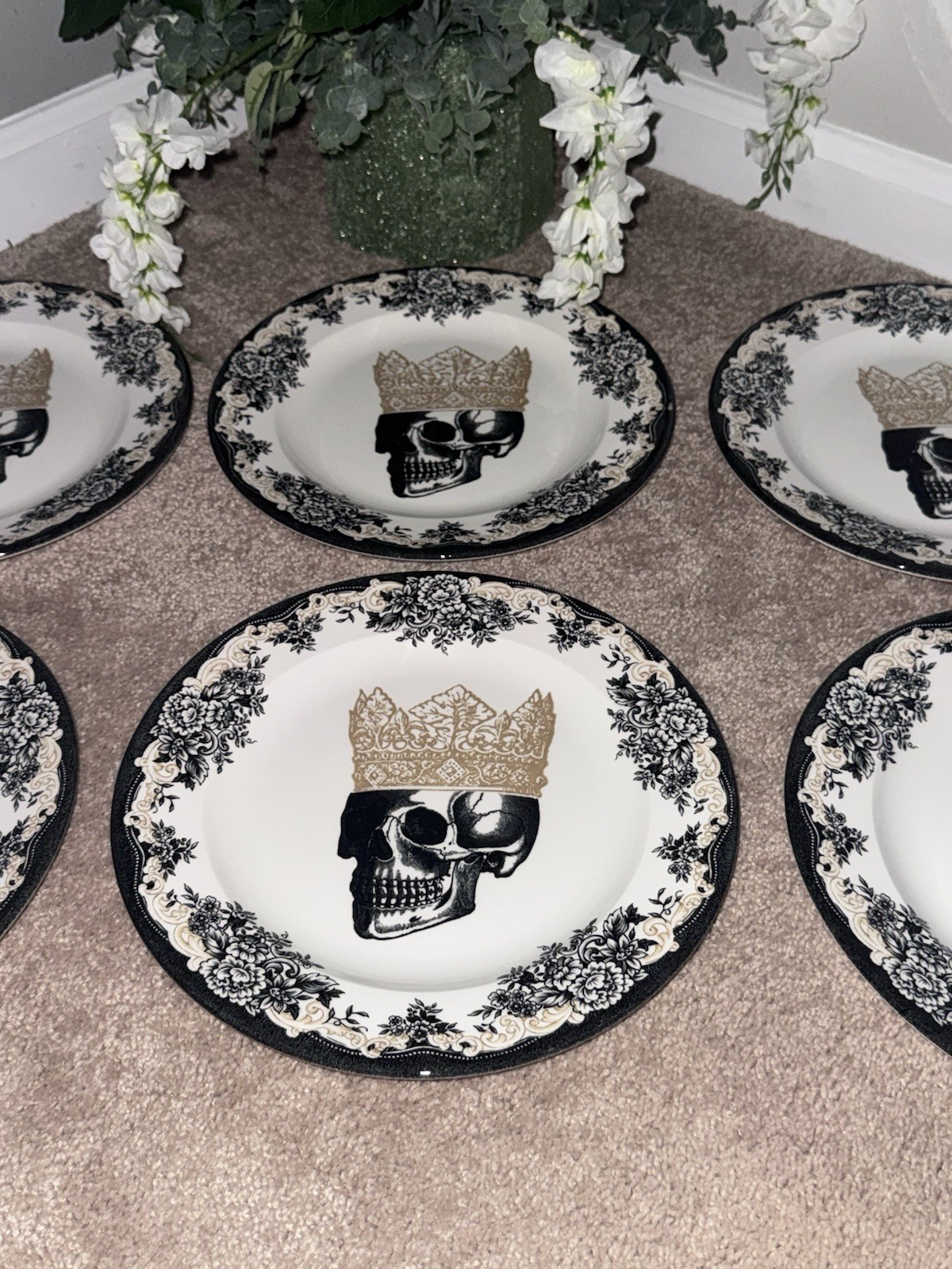 Set/6 Royal Stafford England Halloween Royal Skeleton W/ Crown 11″ Dinner Plates