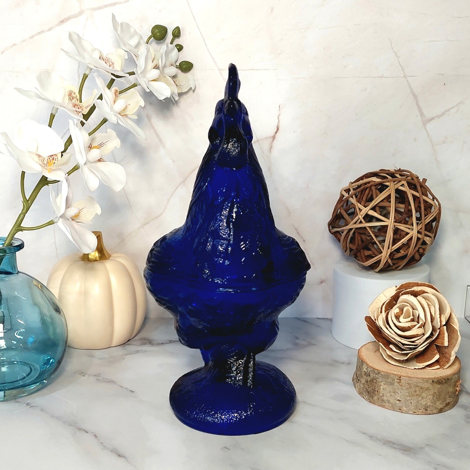 Cobalt Blue Glass Depression Style Rooster Chicken Candy Dish, Hen on Nest, Bowl