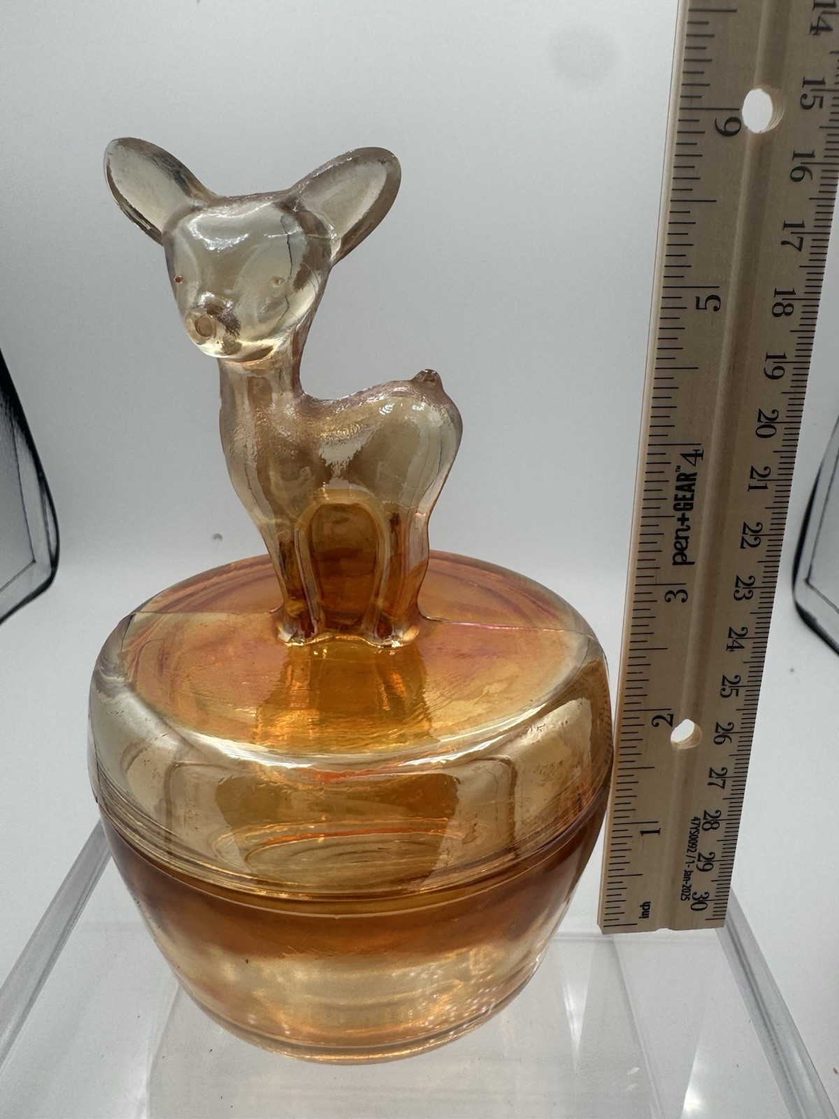 Vtg Jeannette Marigold Carnival Glass Powder Jar Set – Poodle/Deer/Terrier Lids