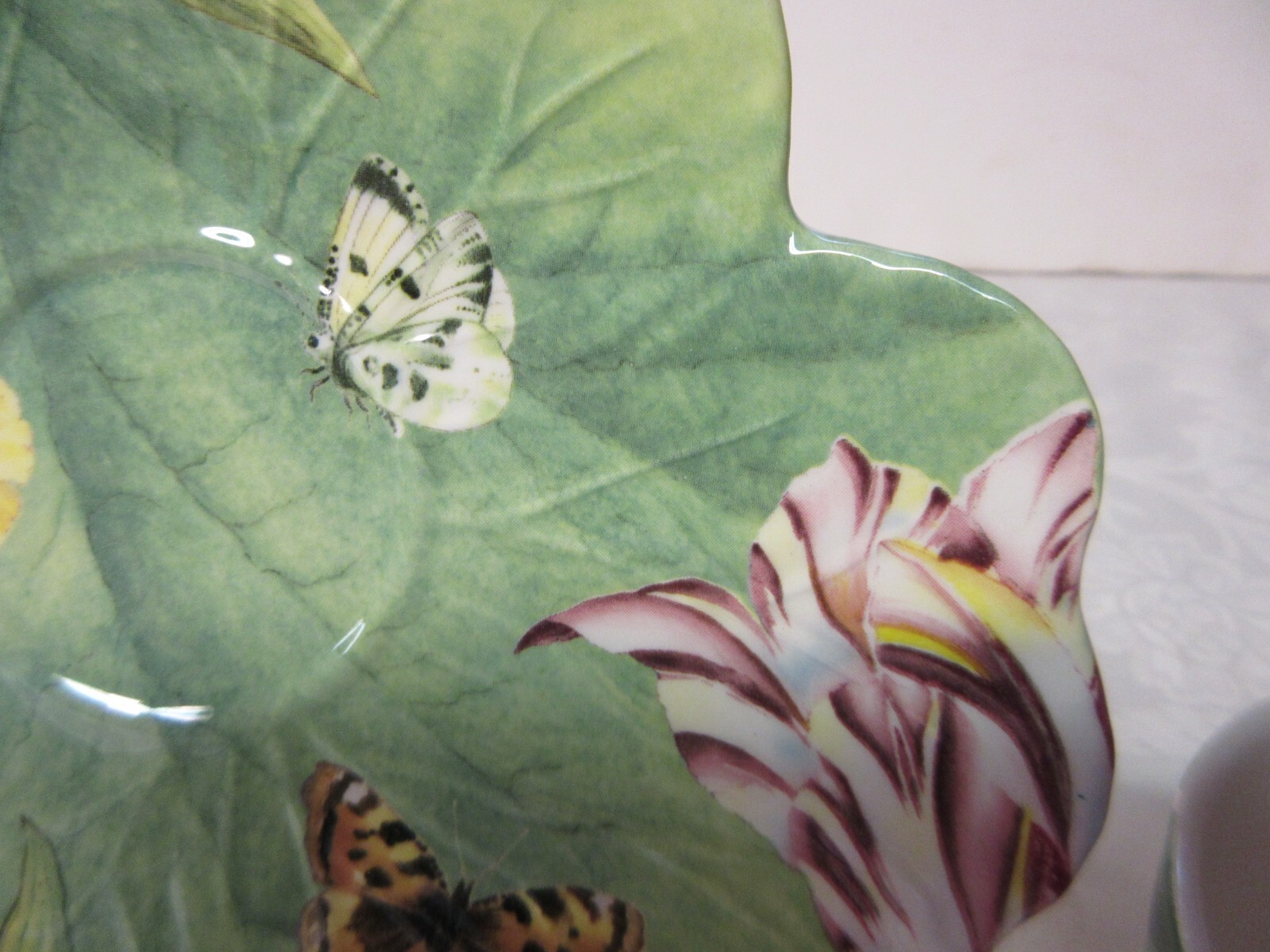 Spode Floral Haven Flat Cup Saucer Set Scalloped Butterflies Tulips Bee England