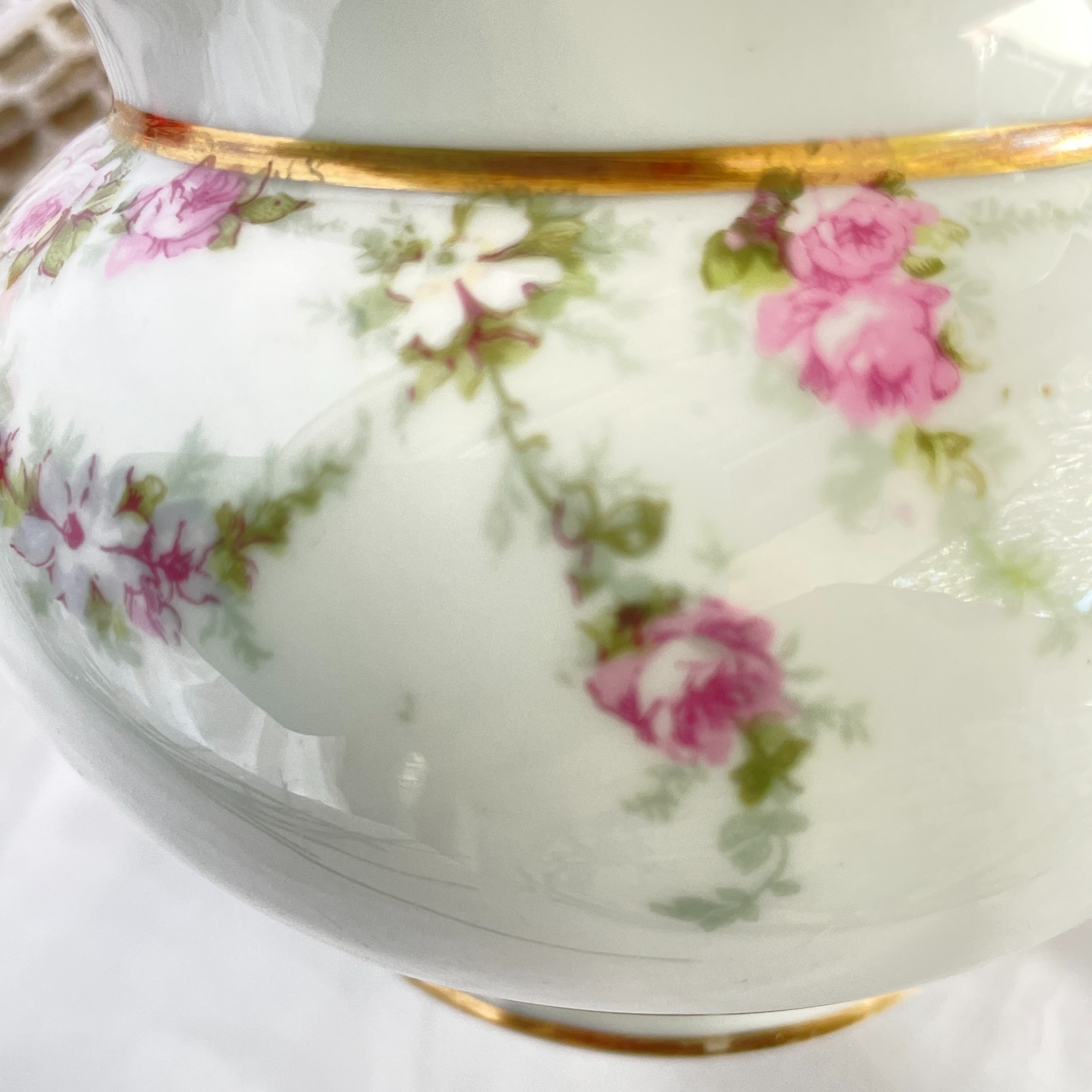 Antique D & C France White Porcelain Rose Garland Gold Handle Creamer