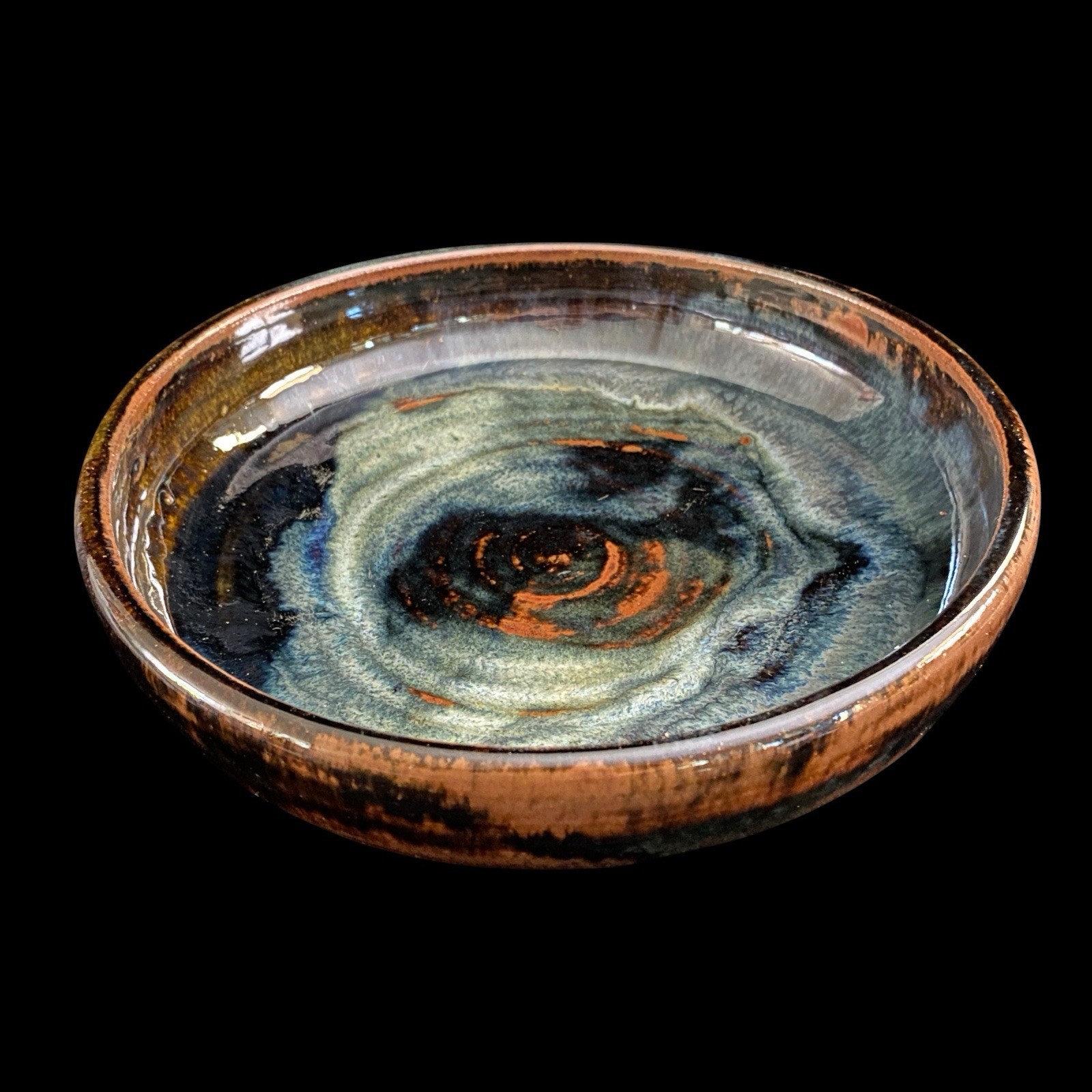 VTG Blue Brown Drip Glaze 8” Shallow Bowl Studio Art Pottery Stoneware Signed