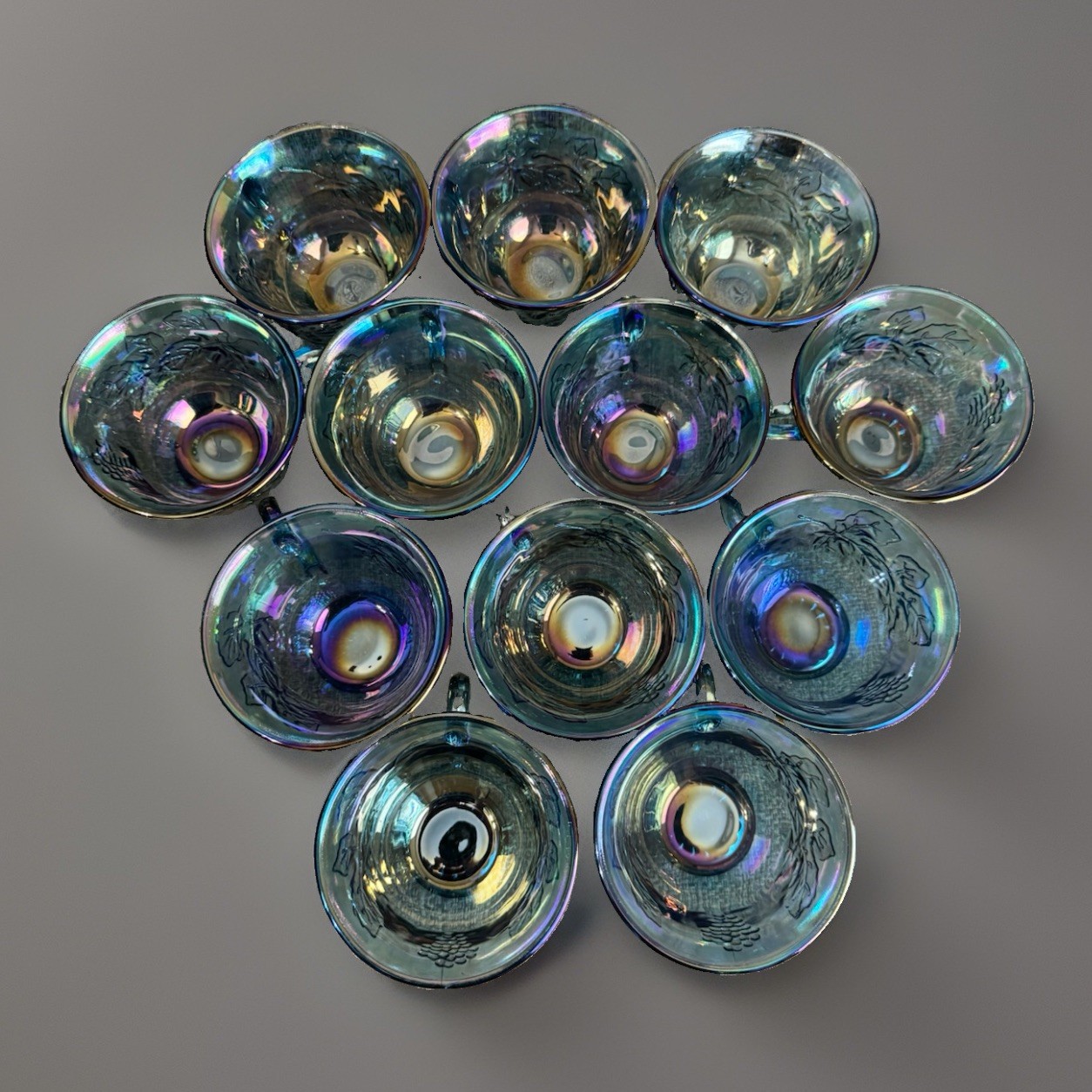 Indiana Glass Blue Carnival Glass Harvest Grape Punch Bowl Set w/ 12 Cups Used