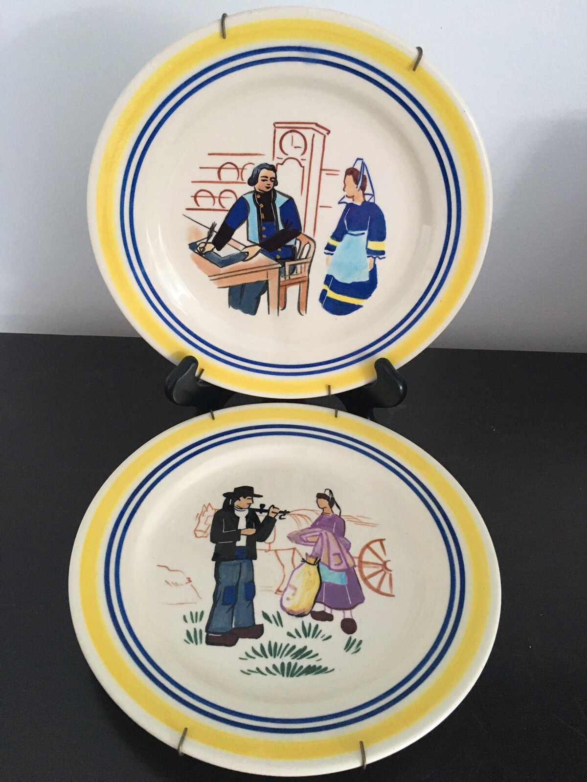 2 Rare Henriot Quimper France Wall Decorative Plates Yellow Border D 8 1/4”