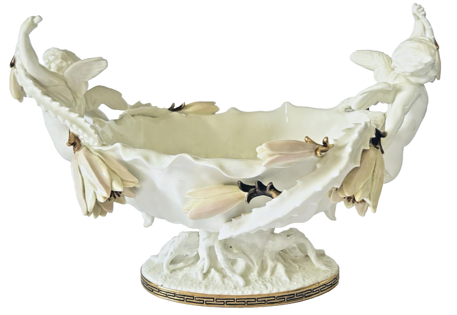Antique Moore Bros. English Porcelain Cactus Flower Double Cherub Centerpiece