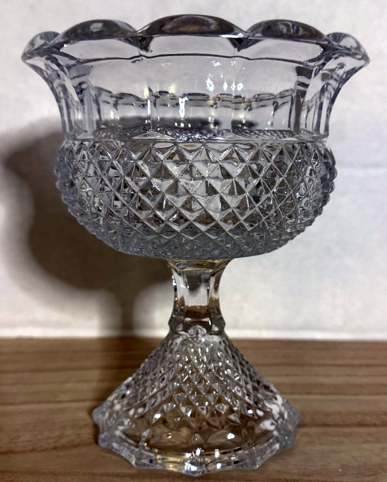Anchor Hocking Wexford Diamond Pattern Heavy Glass Pedestal Compote Vintage