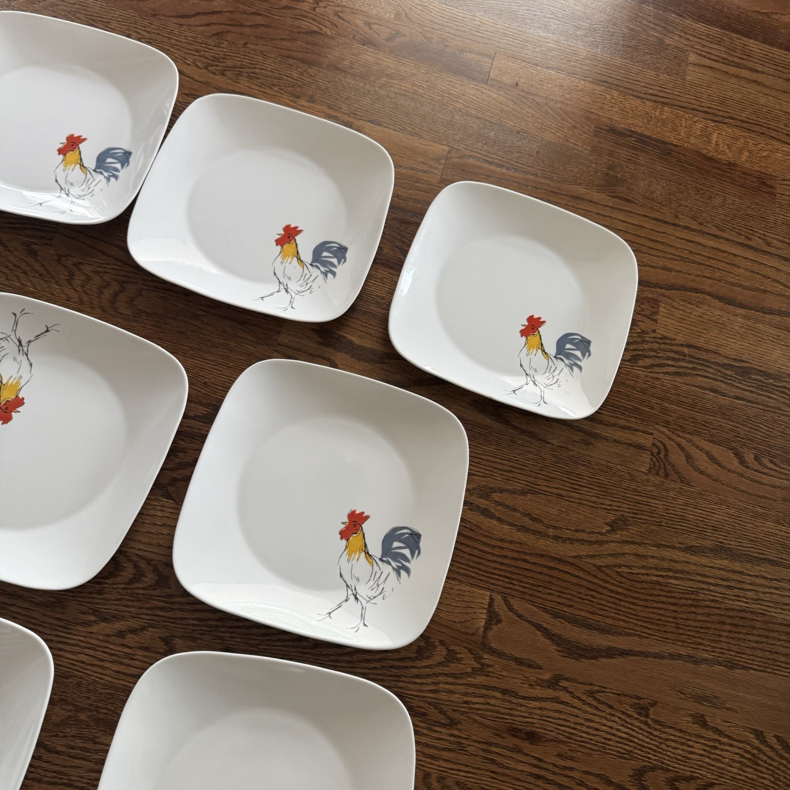 24 PC SET Corelle Square Rooster Country Dawn Dinner Plates And Square Bowls