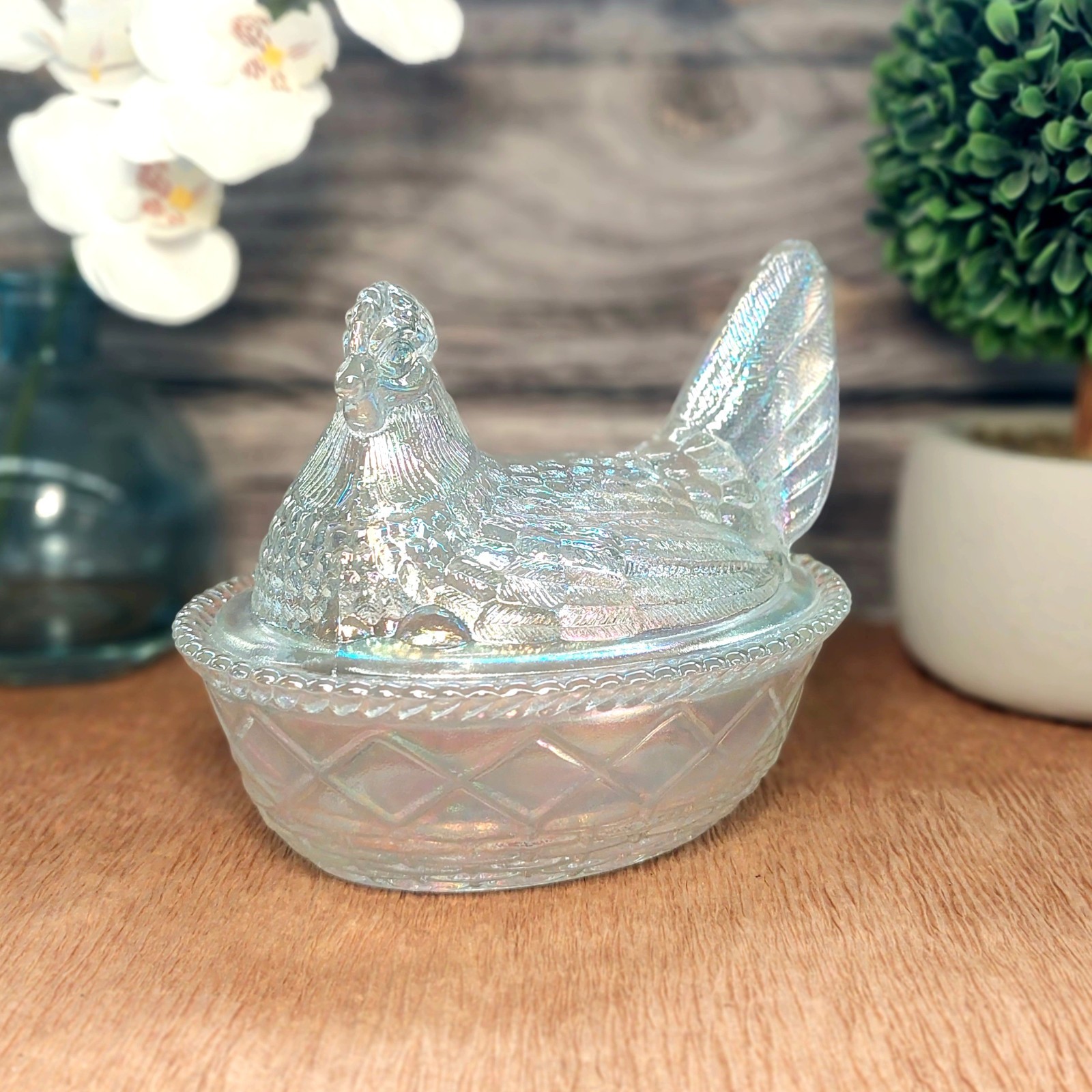 Carnival Glass Hen on Nest Chicken Candy Dish, Depression Style, Vintage Decor