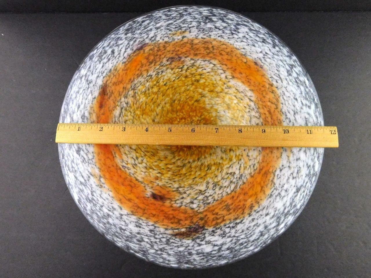 Vintage Art Glass Footed Dish or Stand White Orange Swirl Pattern Unsigned