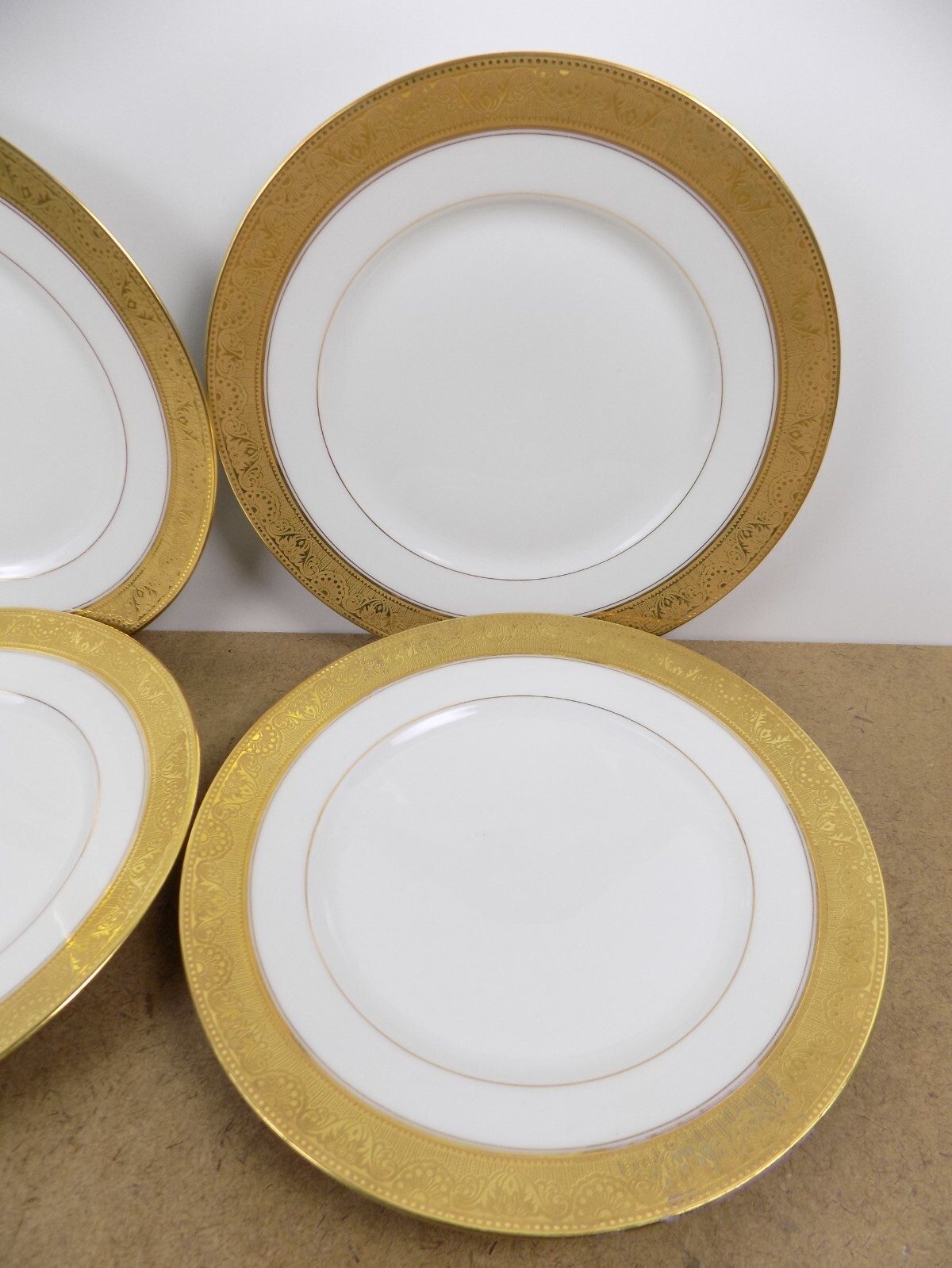 4 L. Boyer Limoges Porcelain 8.75″ Plates Ovington Bros. NY Gold Band