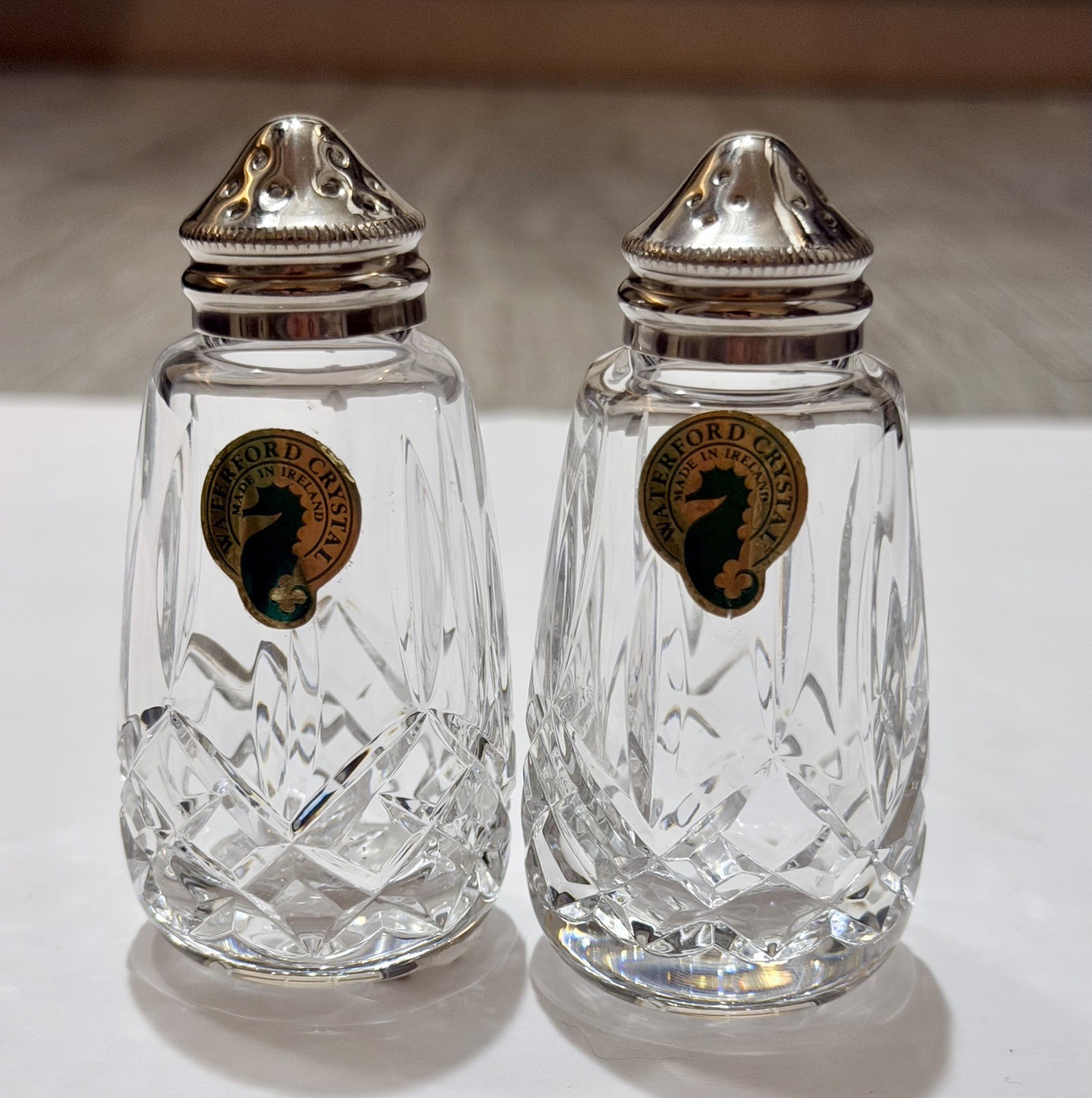Waterford Crystal Lismore Salt & Pepper Shaker Set, Ireland, Seahorse signature