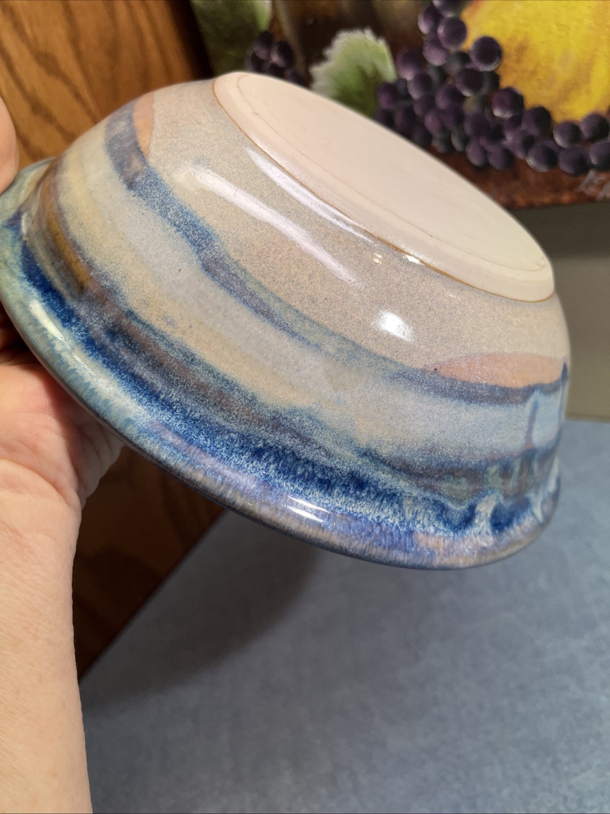 Studio Art Pottery Rimmed Bowl Blue Tan, Gray Drip Glaze Signed C(?) Lopez 8″D