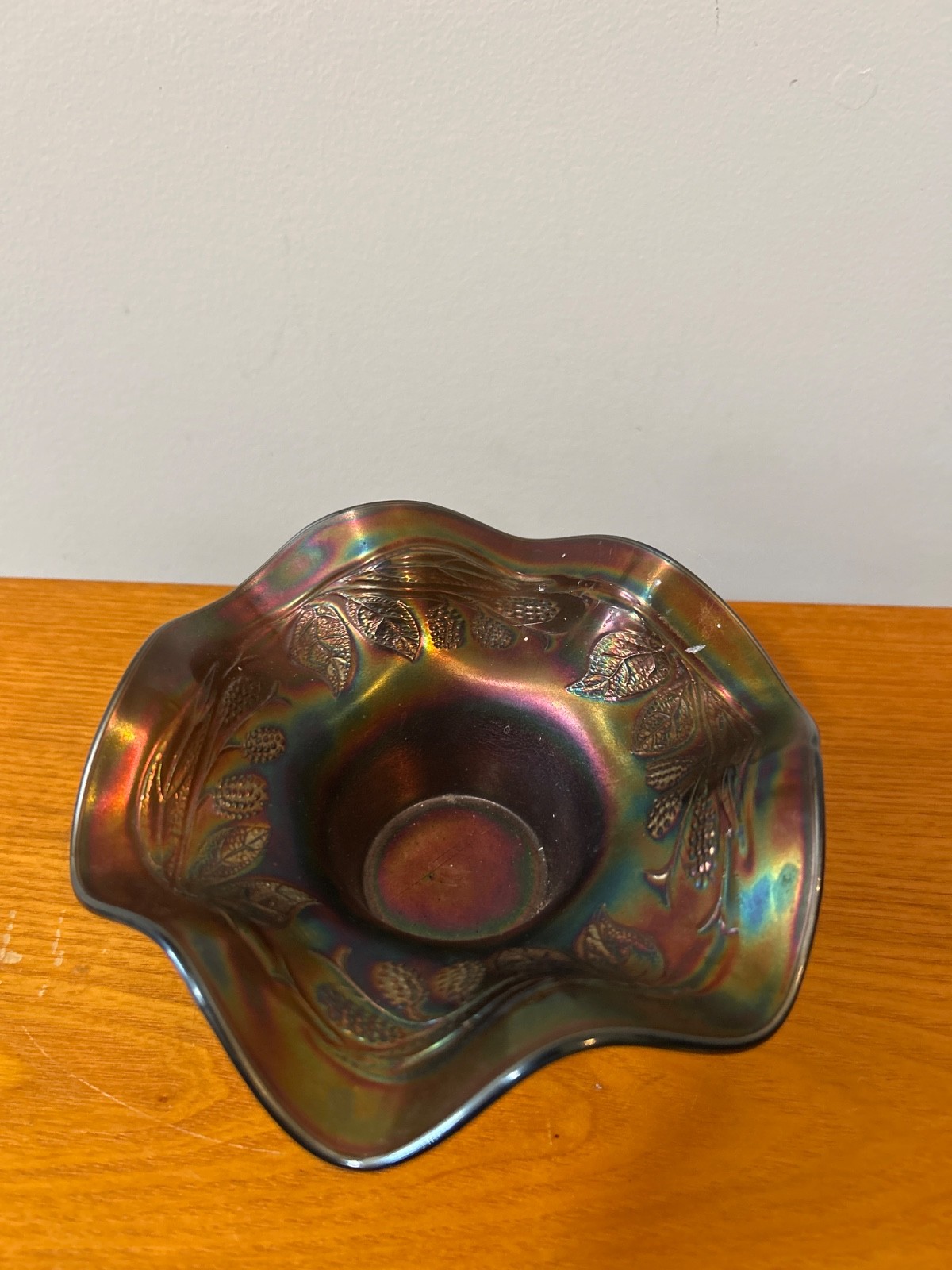 vintage Fenton carnival glass hat-shaped bowl in the “Blackberry Spray” pattern,
