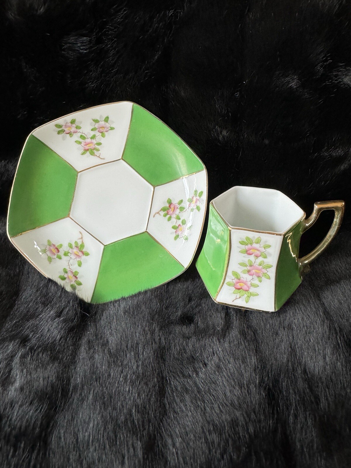 Green Floral Occupied Japan 3 Footed Hexagon Demitasse Tea Cup & Saucer