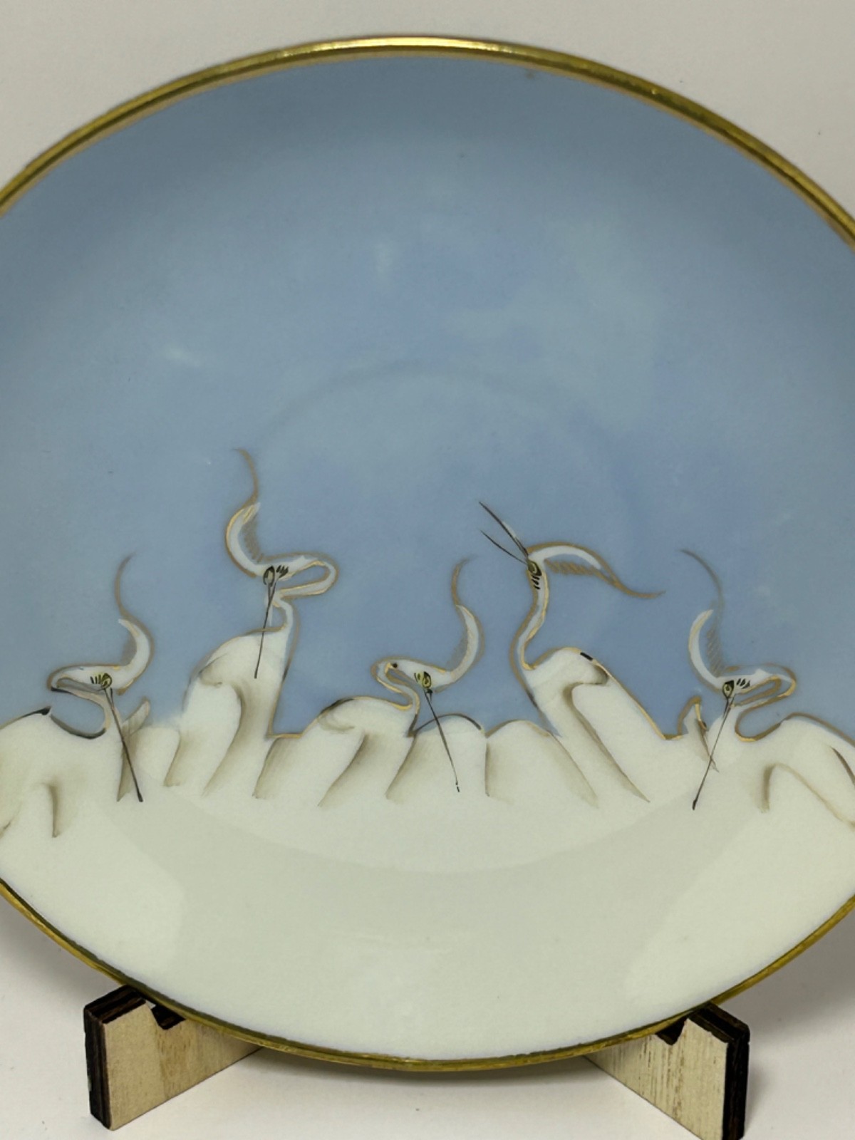 Set 4 Vintage Victory Shofu 5.75″ Crane Bird Plates Saucers Japan Blue White
