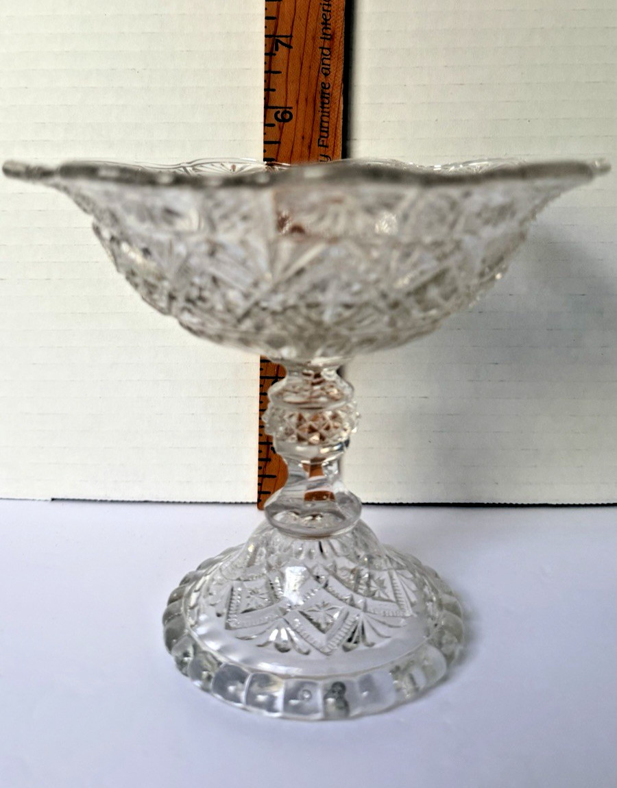 EAPG Clear Pressed Glass Covered Compote Diamond Fan Pineapple Finial UV365 Glow