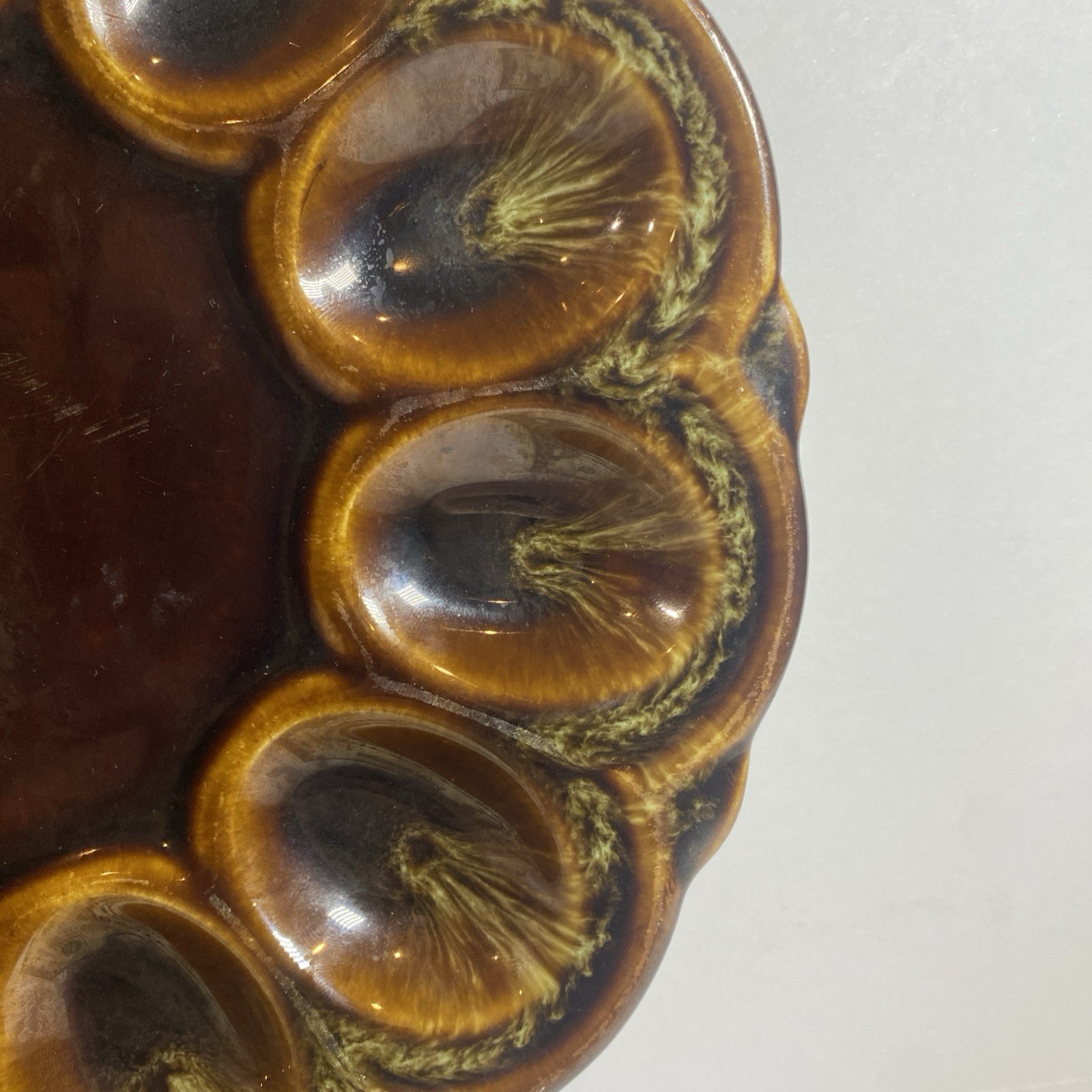 Vintage Canonsburg? Peacock Brown Drip Glaze Deviled Egg Platter 9” 12 Egg USA