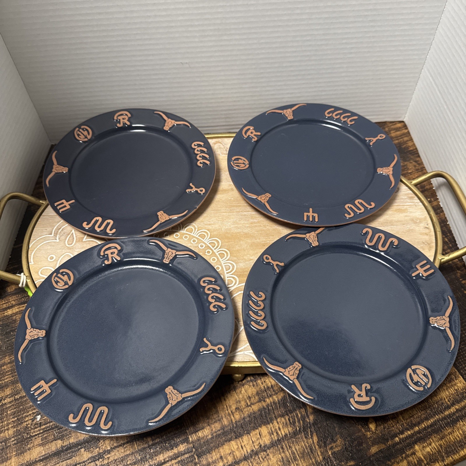 Frankoma Vintage Navy Blue Salad Plate 7.75″ Longhorn Ranch Brand Set Of 4