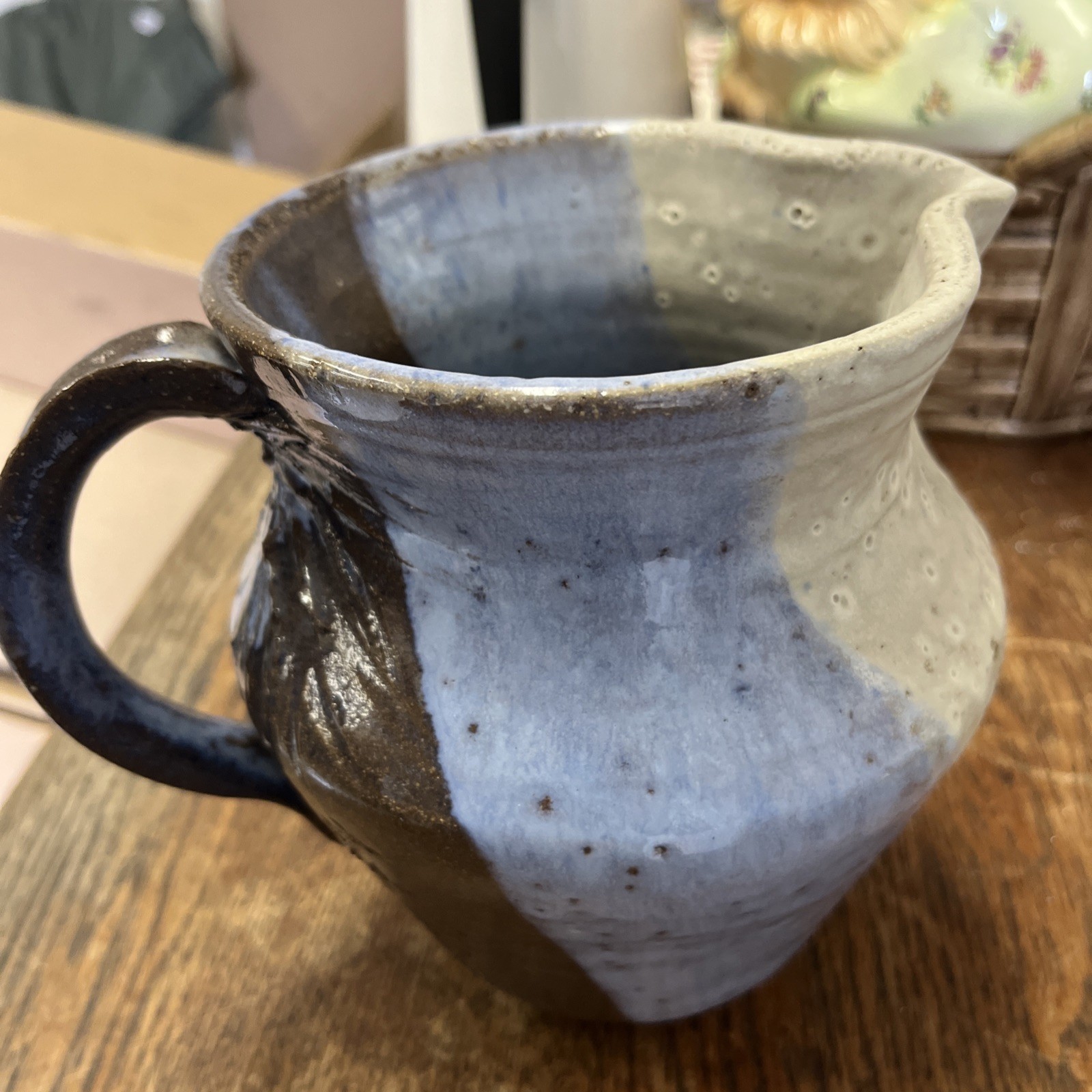 Very Nice Artist Signed CWP Brown Gray & Blue Large Stoneware Art Pottery Pitche